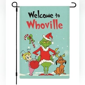 New! Welcome to Whoville Grinch holiday burlap garden flag decoration